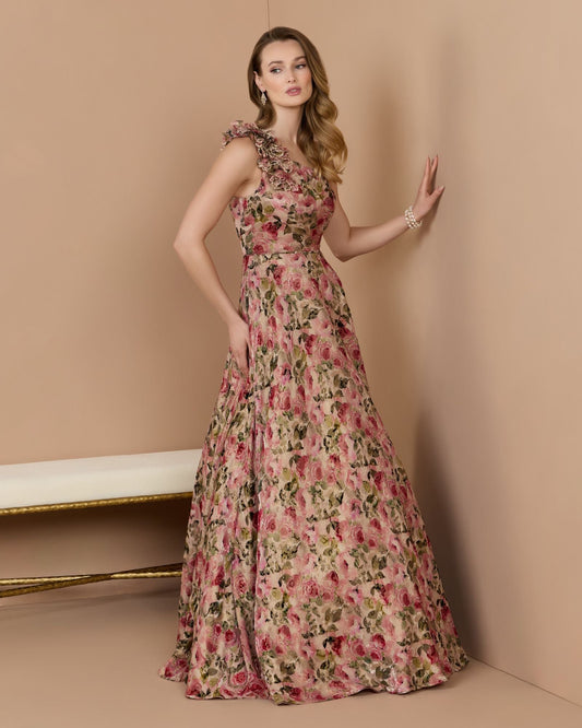 Mac Duggal Pink One Shoulder Velvet Floral Ball Gown