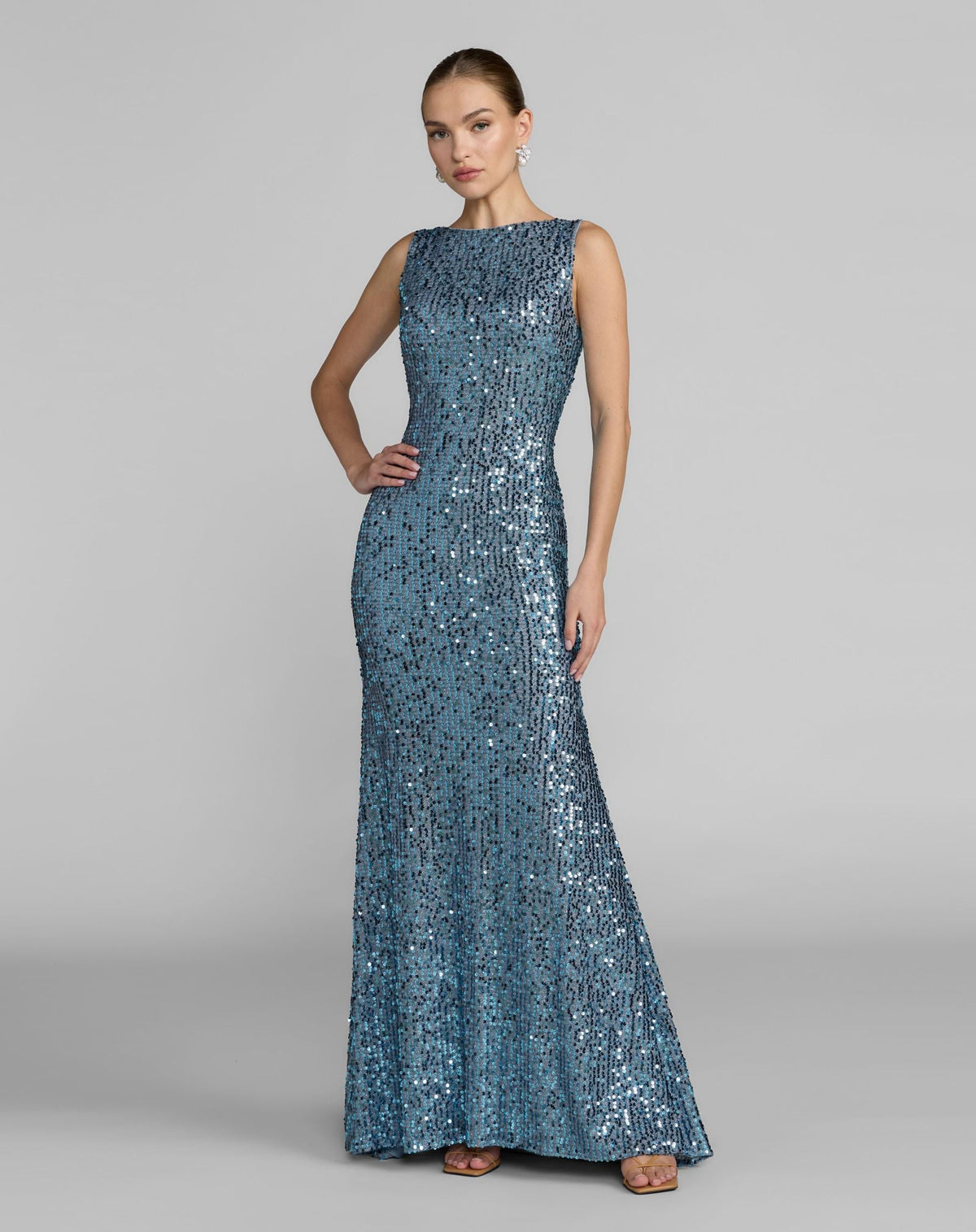 Mac Duggal Blue Sleeveless Cowl Back Sequin Evening Gown
