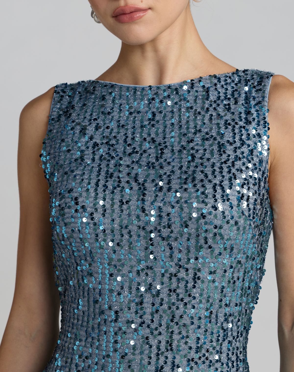Mac Duggal Blue Sleeveless Cowl Back Sequin Evening Gown