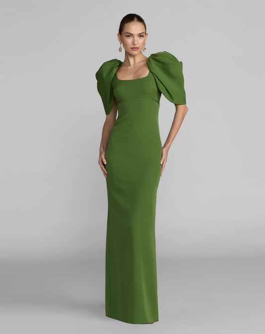 Mac Duggal Green Crepe Square Neck Gown With Puff Sleeves