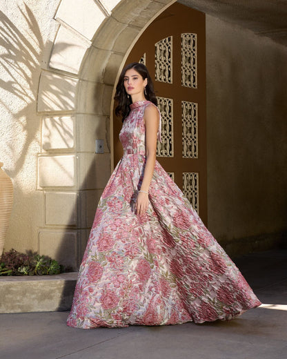 Mac Duggal Pink Sleeveless Brocade V-Back Ball Gown