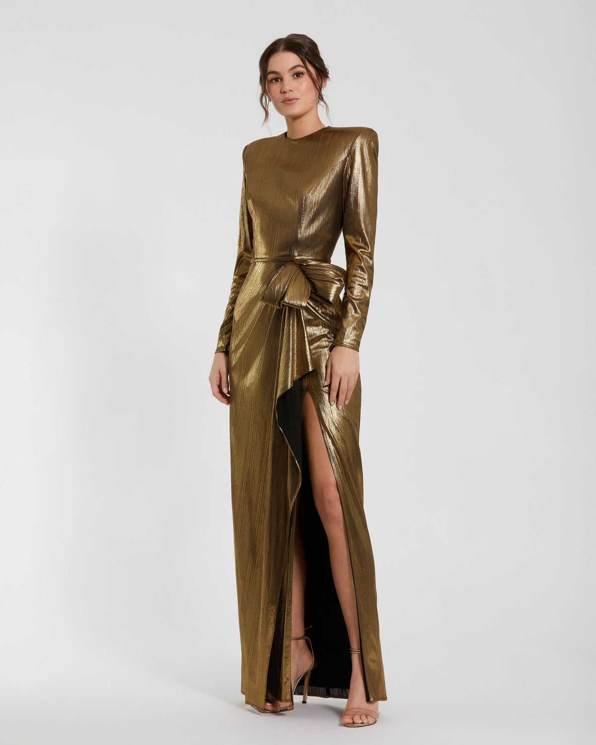 Mac Duggal Metallic Jersey Long Sleeve Gown With Bow Duggal