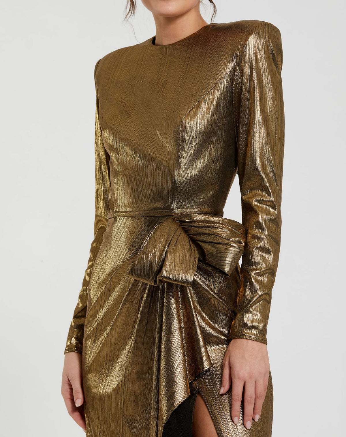 Mac Duggal Metallic Jersey Long Sleeve Gown With Bow Duggal