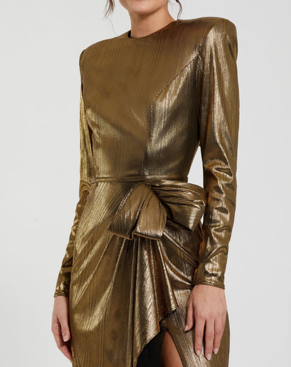 Mac Duggal Metallic Jersey Long Sleeve Gown With Bow Duggal