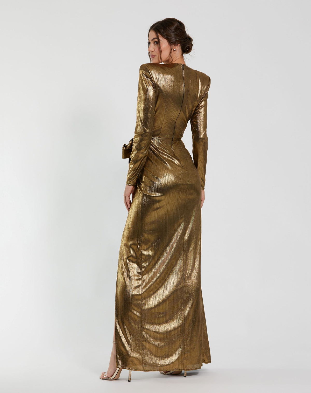 Mac Duggal Metallic Jersey Long Sleeve Gown With Bow Duggal