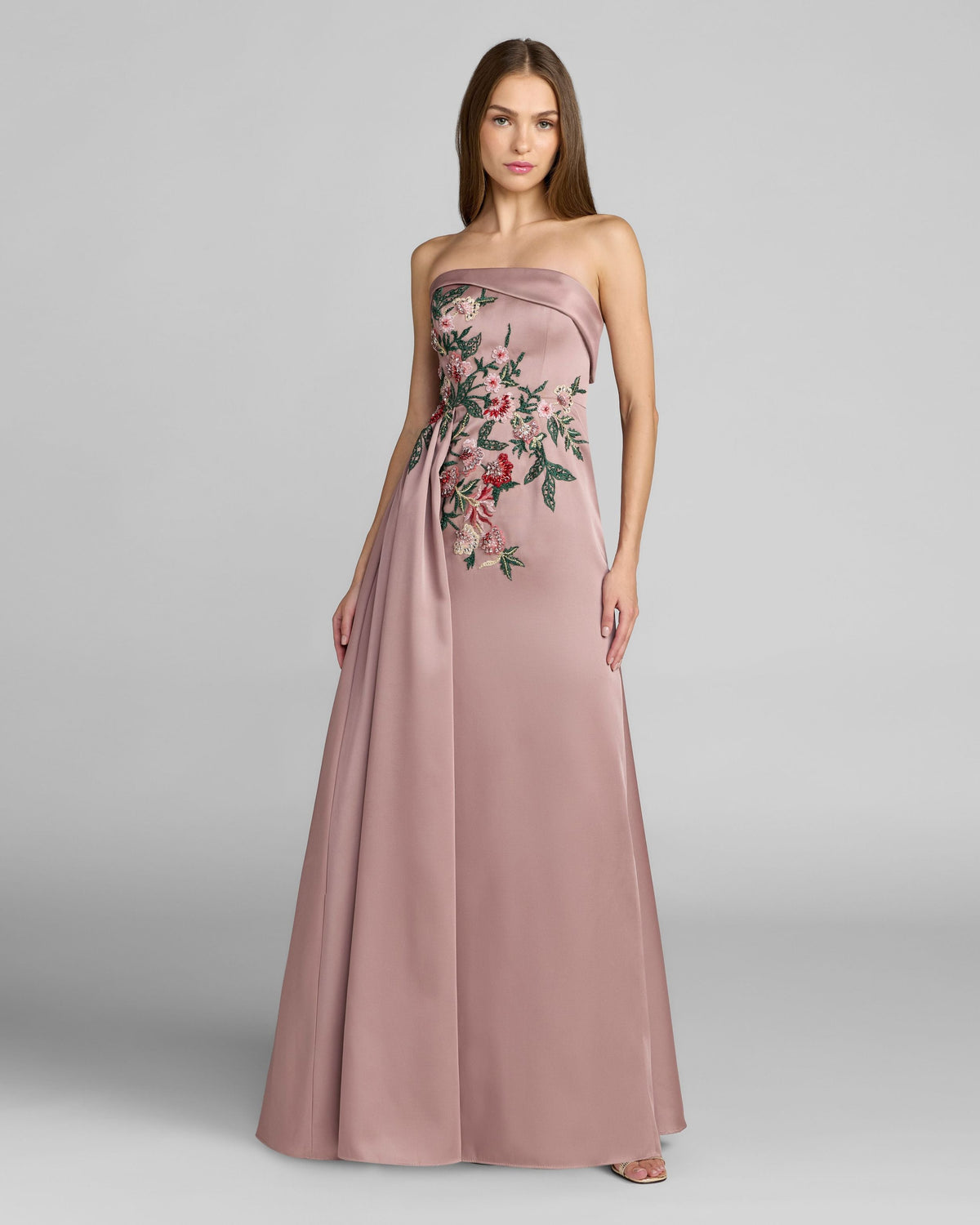 Mac Duggal Purple Floral Embroidered Satin Strapless Gown