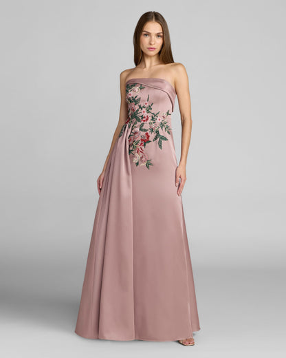 Mac Duggal Purple Floral Embroidered Satin Strapless Gown