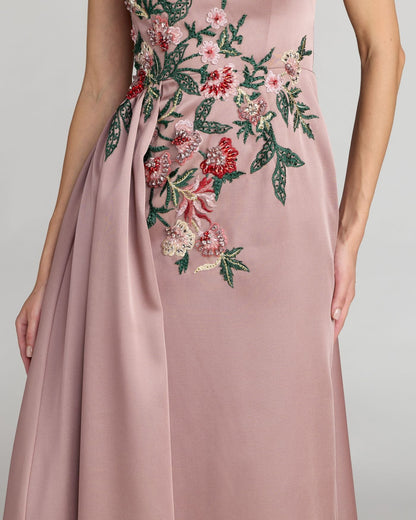Mac Duggal Purple Floral Embroidered Satin Strapless Gown