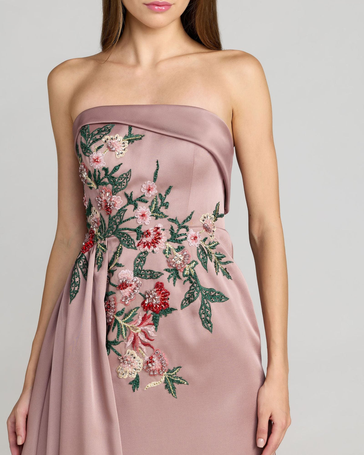 Mac Duggal Purple Floral Embroidered Satin Strapless Gown