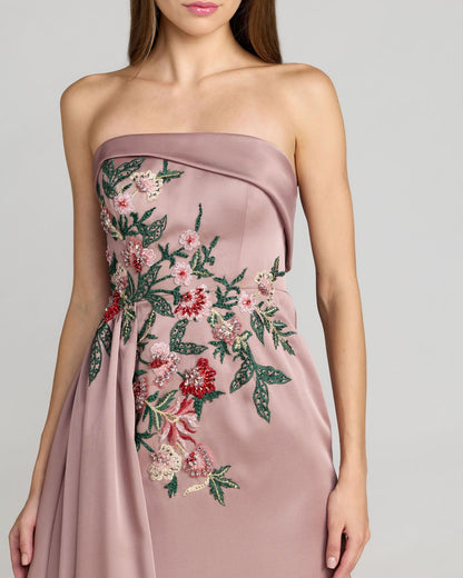 Mac Duggal Purple Floral Embroidered Satin Strapless Gown