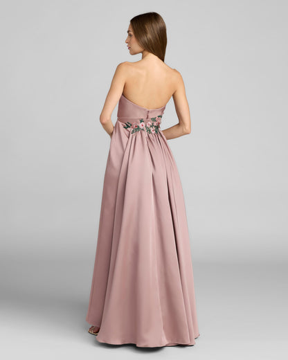 Mac Duggal Purple Floral Embroidered Satin Strapless Gown