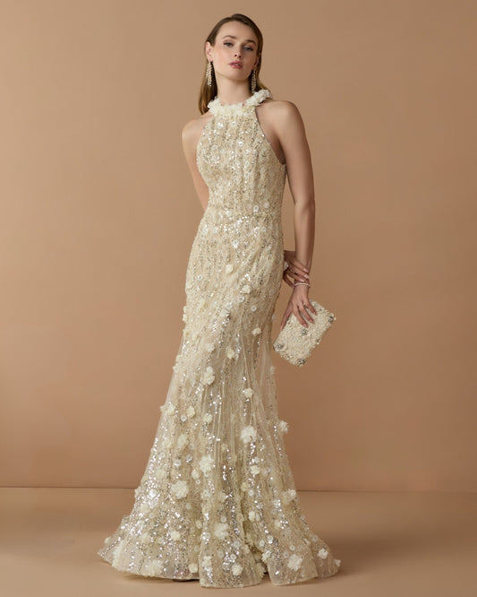 Mac Duggal Light Yellow Embellished Lace Halter Neck Mermaid Gown