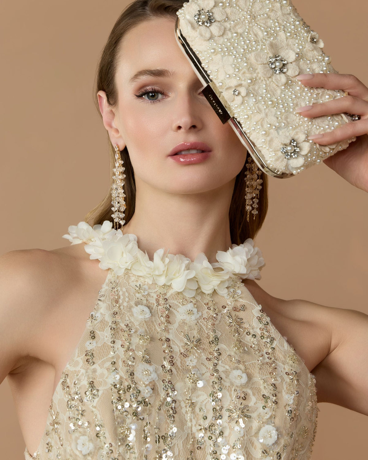 Mac Duggal Light Yellow Embellished Lace Halter Neck Mermaid Gown