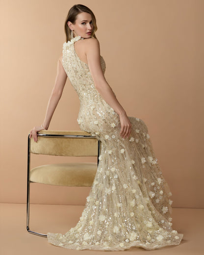 Mac Duggal Light Yellow Embellished Lace Halter Neck Mermaid Gown