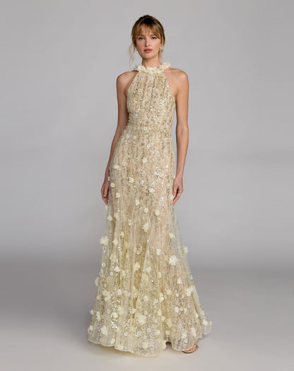 Mac Duggal Light Yellow Embellished Lace Halter Neck Mermaid Gown