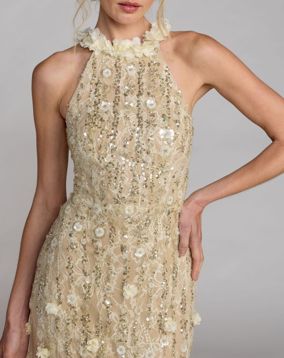Mac Duggal Light Yellow Embellished Lace Halter Neck Mermaid Gown