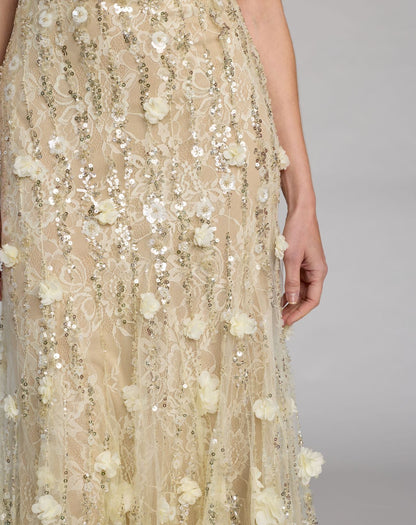 Mac Duggal Light Yellow Embellished Lace Halter Neck Mermaid Gown