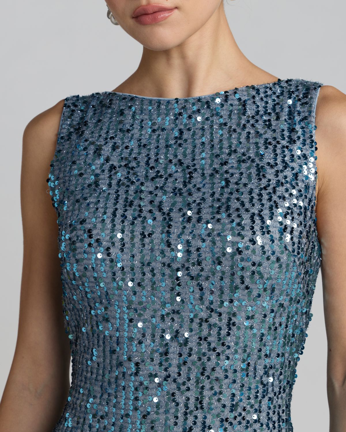 Mac Duggal Petite Blue Sleeveless Cowl Back Sequin Evening Gown