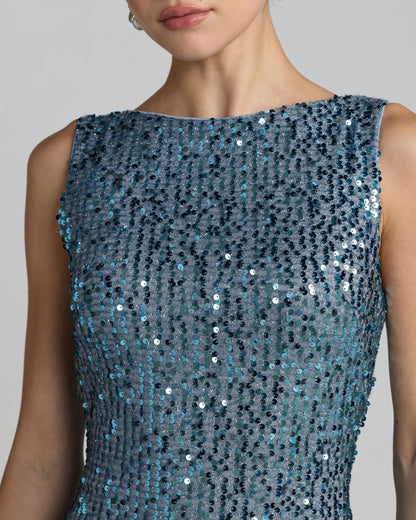 Mac Duggal Petite Blue Sleeveless Cowl Back Sequin Evening Gown