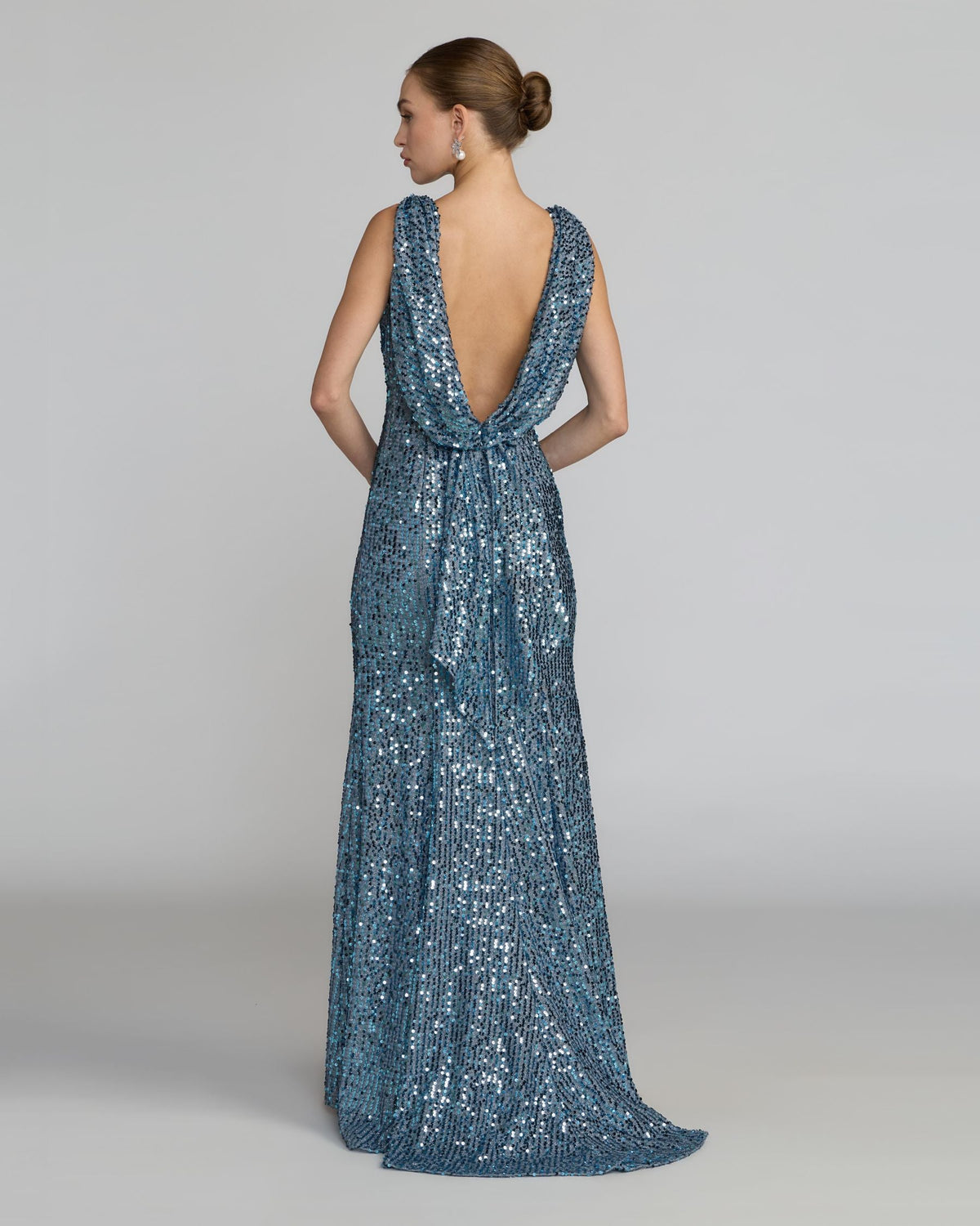 Mac Duggal Petite Blue Sleeveless Cowl Back Sequin Evening Gown