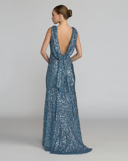 Mac Duggal Petite Blue Sleeveless Cowl Back Sequin Evening Gown