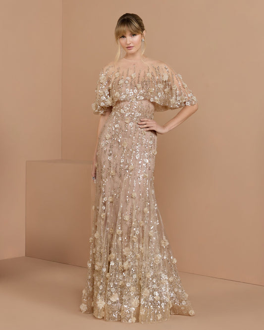 Mac Duggal Beige Embellished Cape Sleeve Evening Gown