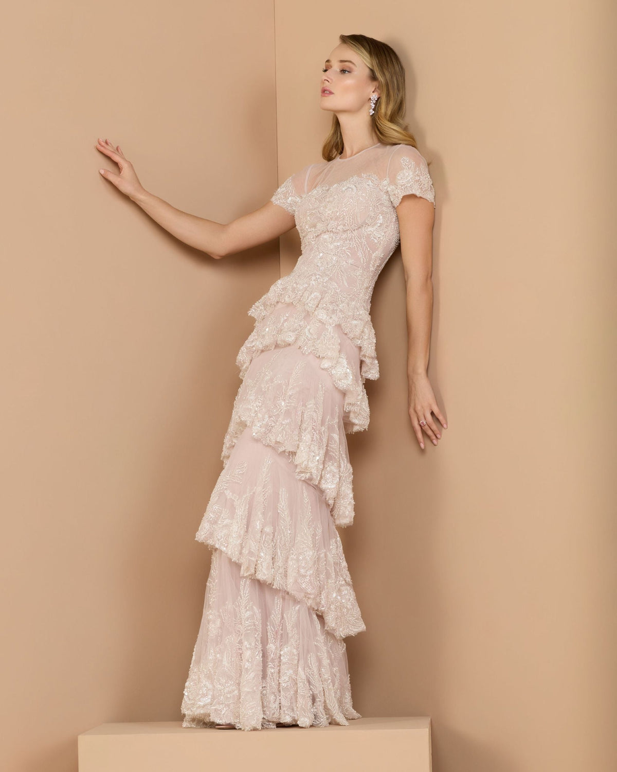 Mac Duggal Pink Embellished High Neck Gown With Tiered Ruffle Skirt