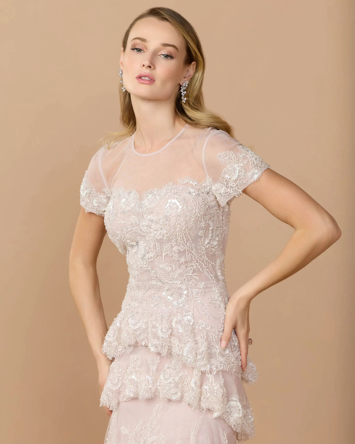 Mac Duggal Pink Embellished High Neck Gown With Tiered Ruffle Skirt