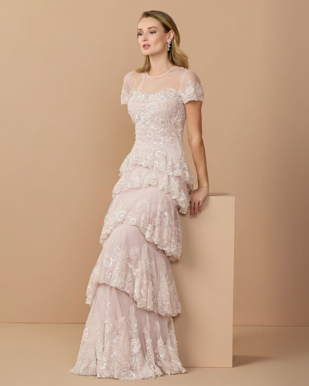Mac Duggal Pink Embellished High Neck Gown With Tiered Ruffle Skirt
