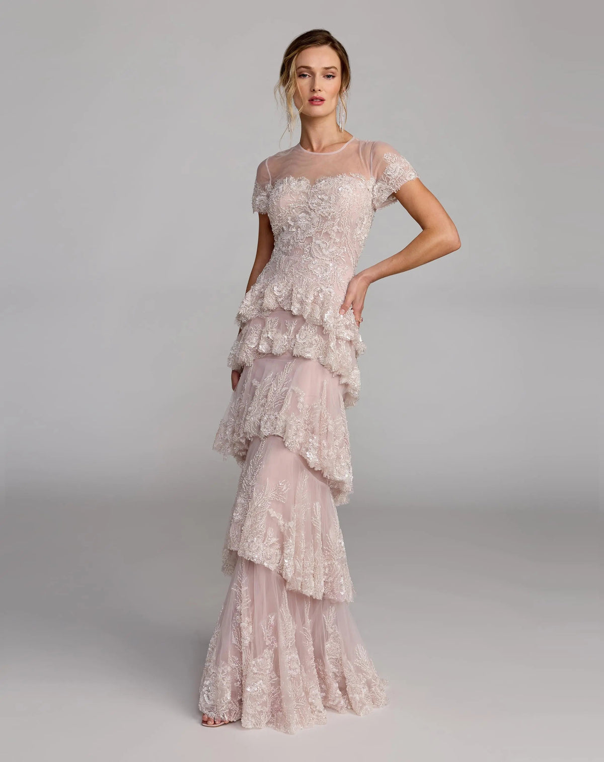 Mac Duggal Pink Embellished High Neck Gown With Tiered Ruffle Skirt