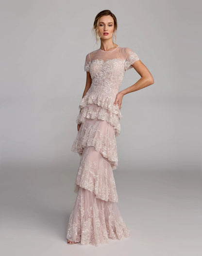 Mac Duggal Pink Embellished High Neck Gown With Tiered Ruffle Skirt
