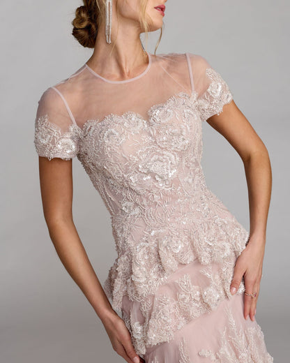Mac Duggal Pink Embellished High Neck Gown With Tiered Ruffle Skirt