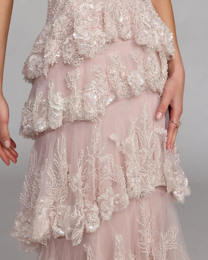 Mac Duggal Pink Embellished High Neck Gown With Tiered Ruffle Skirt