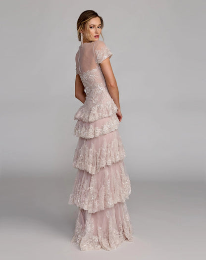 Mac Duggal Pink Embellished High Neck Gown With Tiered Ruffle Skirt
