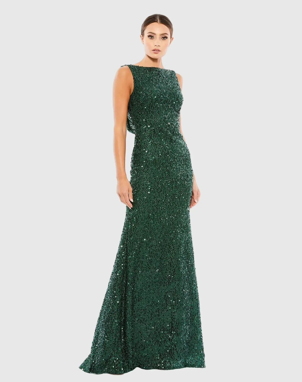 Mac Duggal Petite Emerald Green Sleeveless Cowl Back Sequin Evening Gown