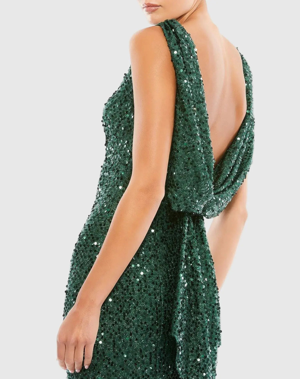 Mac Duggal Petite Emerald Green Sleeveless Cowl Back Sequin Evening Gown