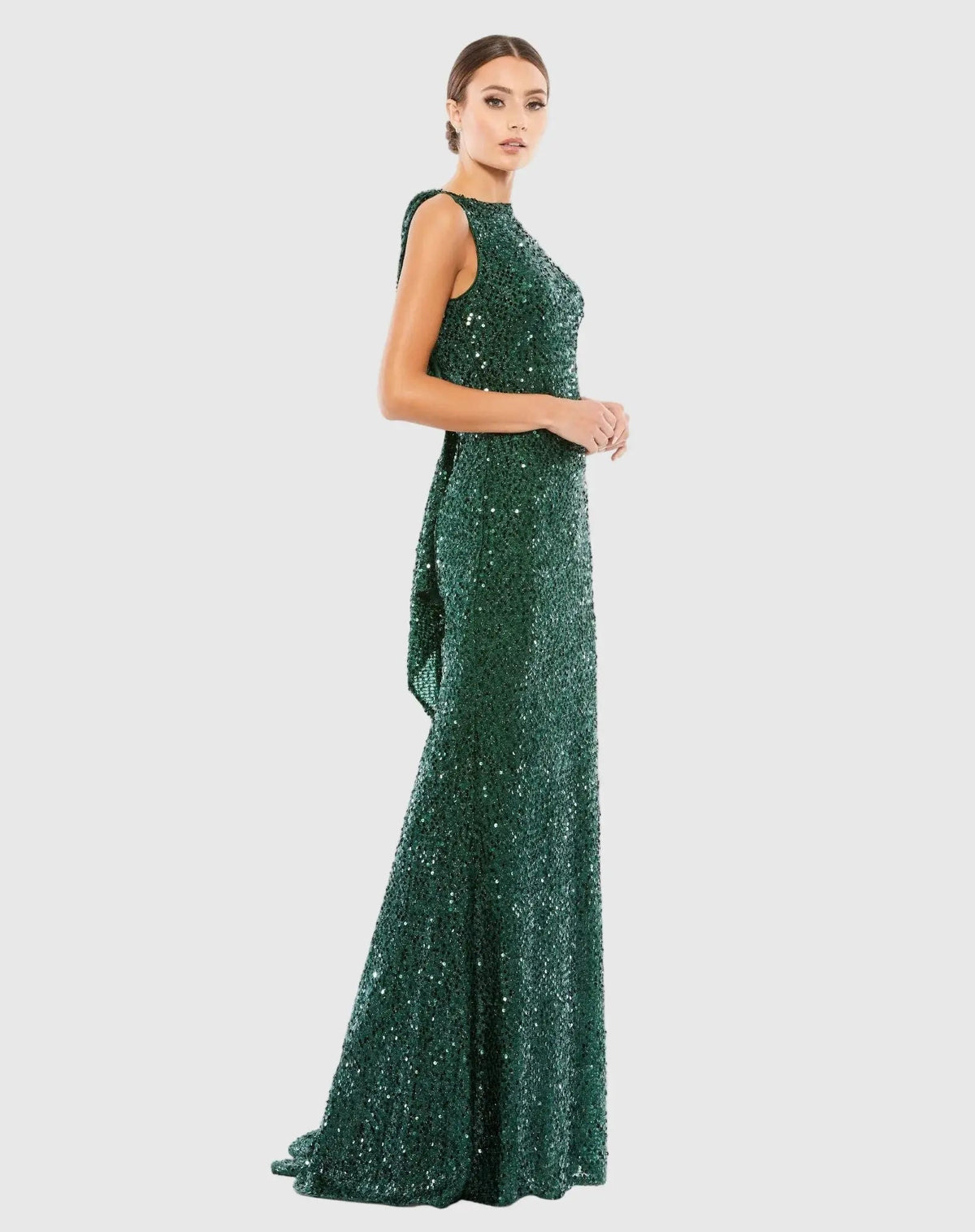 Mac Duggal Petite Emerald Green Sleeveless Cowl Back Sequin Evening Gown