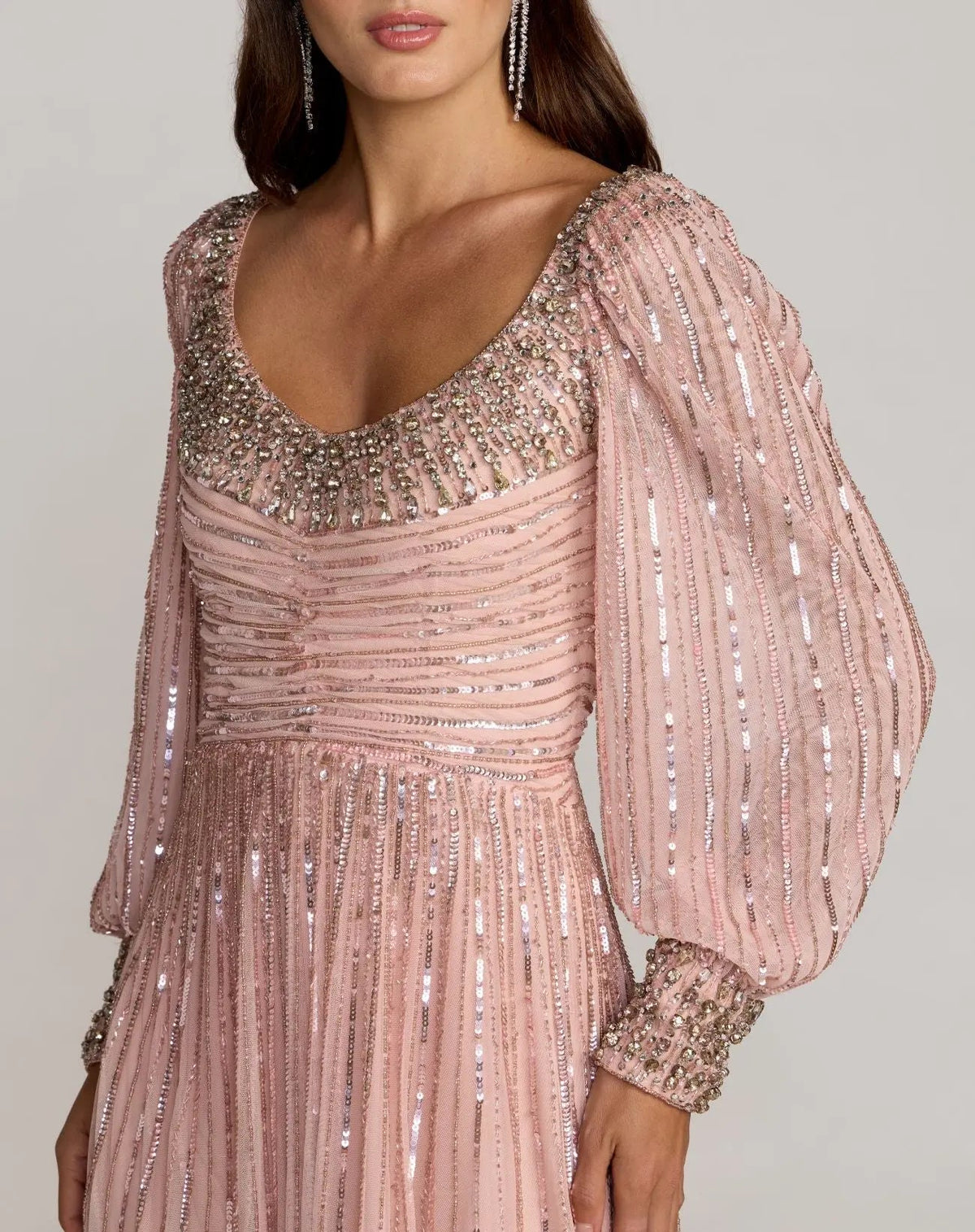Mac Duggal Pink Embellished Scoop Neck Long Sleeve A-Line Gown