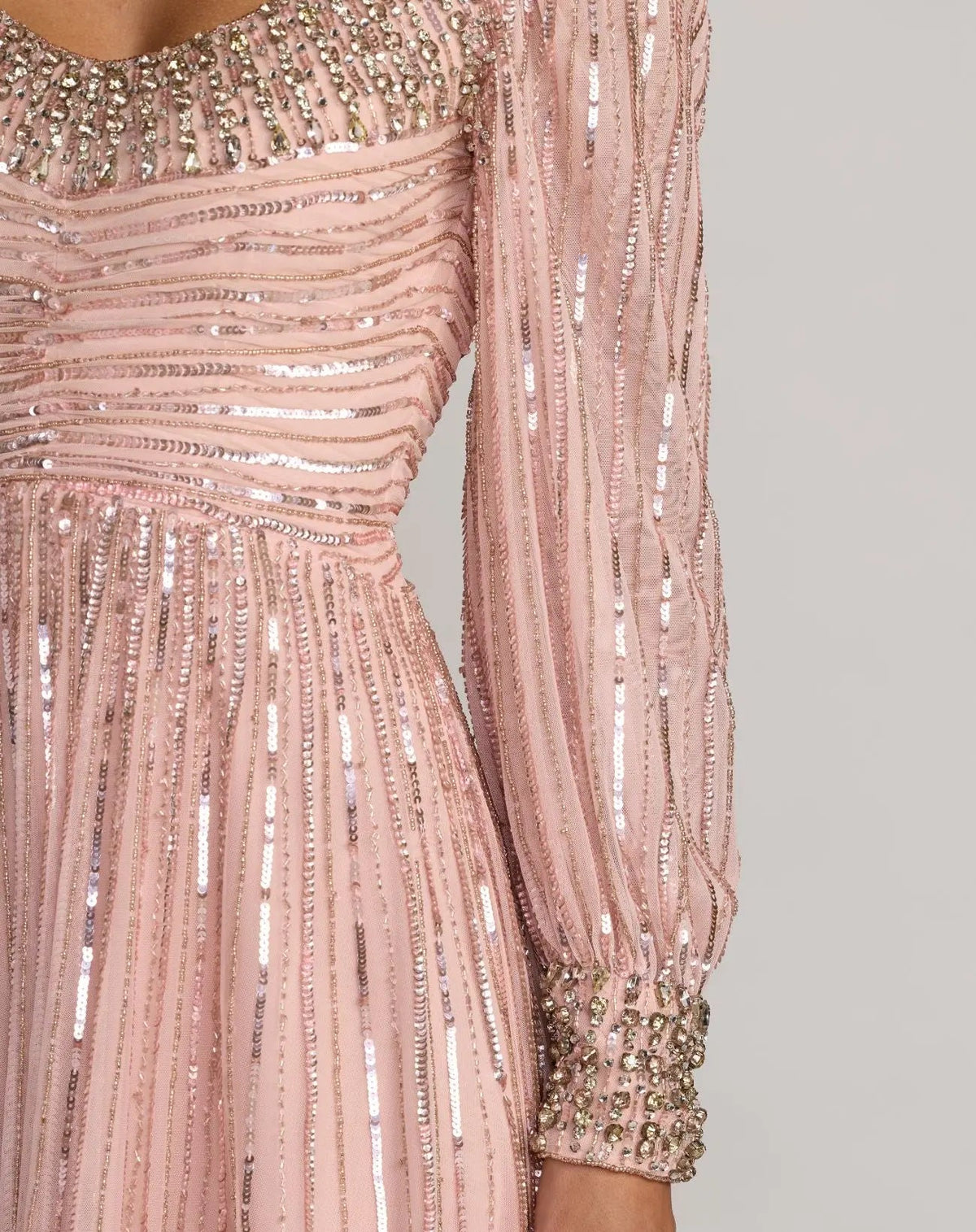 Mac Duggal Pink Embellished Scoop Neck Long Sleeve A-Line Gown