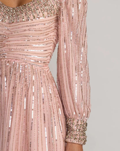 Mac Duggal Pink Embellished Scoop Neck Long Sleeve A-Line Gown