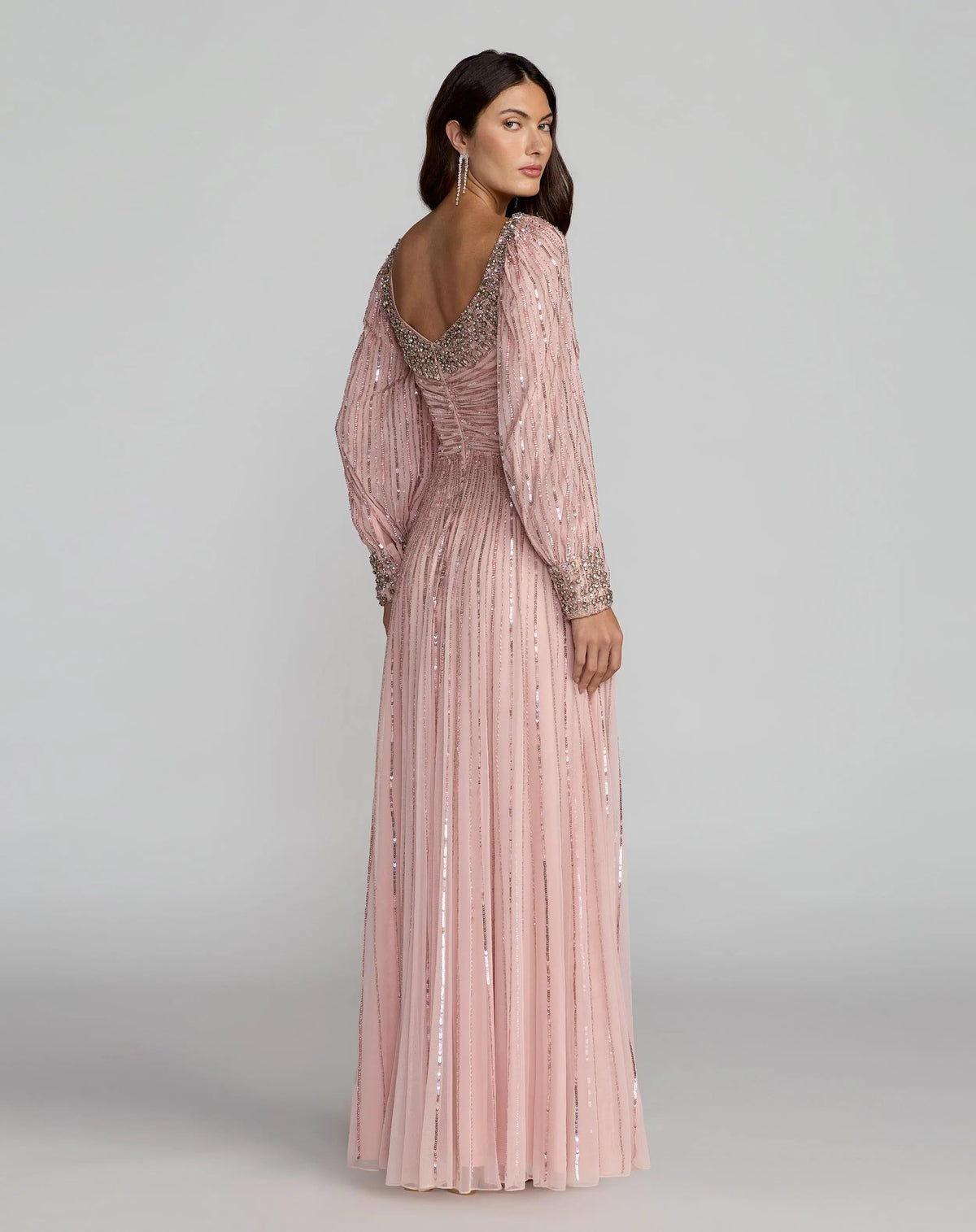 Mac Duggal Pink Embellished Scoop Neck Long Sleeve A-Line Gown