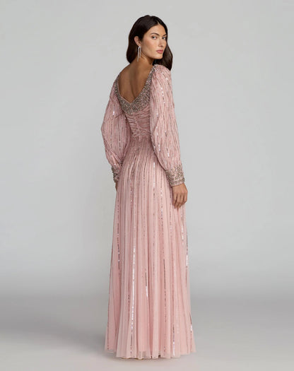 Mac Duggal Pink Embellished Scoop Neck Long Sleeve A-Line Gown