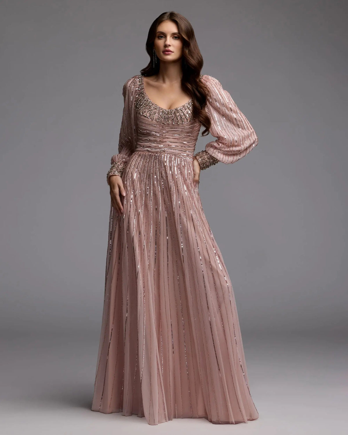 Mac Duggal Pink Embellished Scoop Neck Long Sleeve A-Line Gown