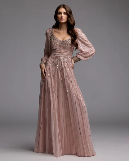 Mac Duggal Pink Embellished Scoop Neck Long Sleeve A-Line Gown