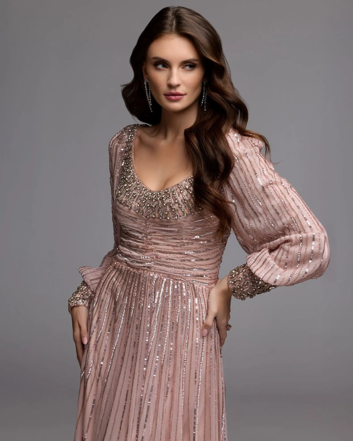 Mac Duggal Pink Embellished Scoop Neck Long Sleeve A-Line Gown