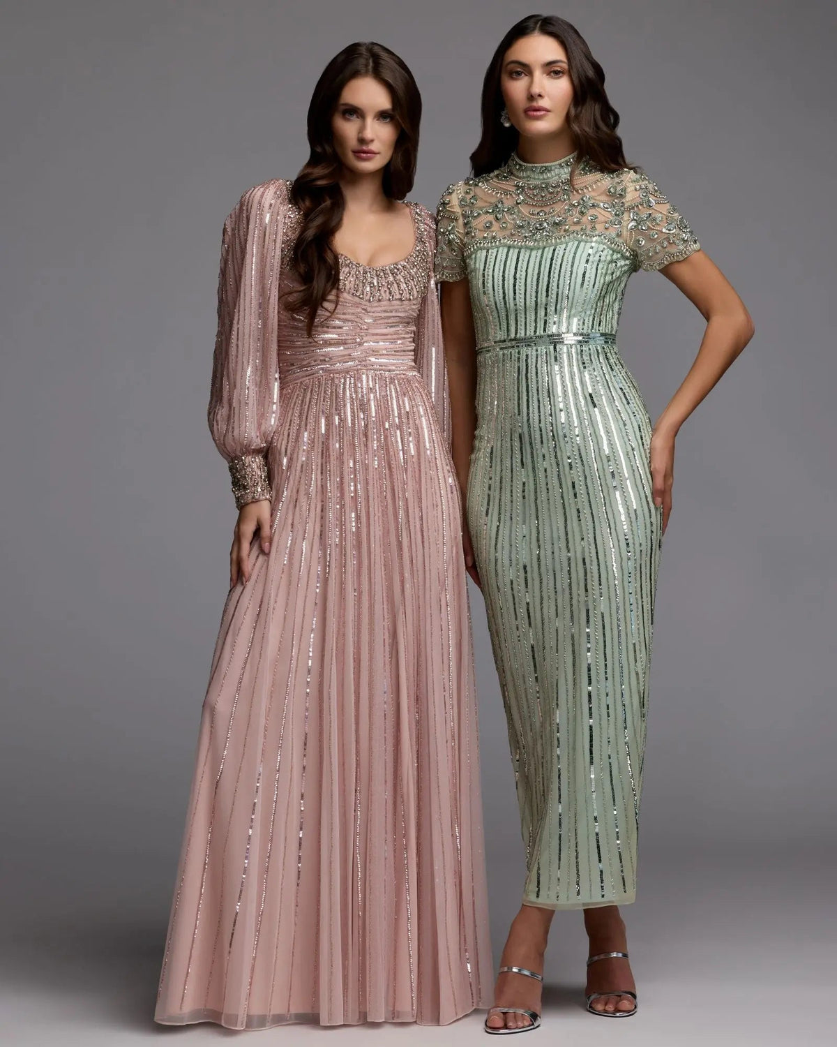 Mac Duggal Pink Embellished Scoop Neck Long Sleeve A-Line Gown