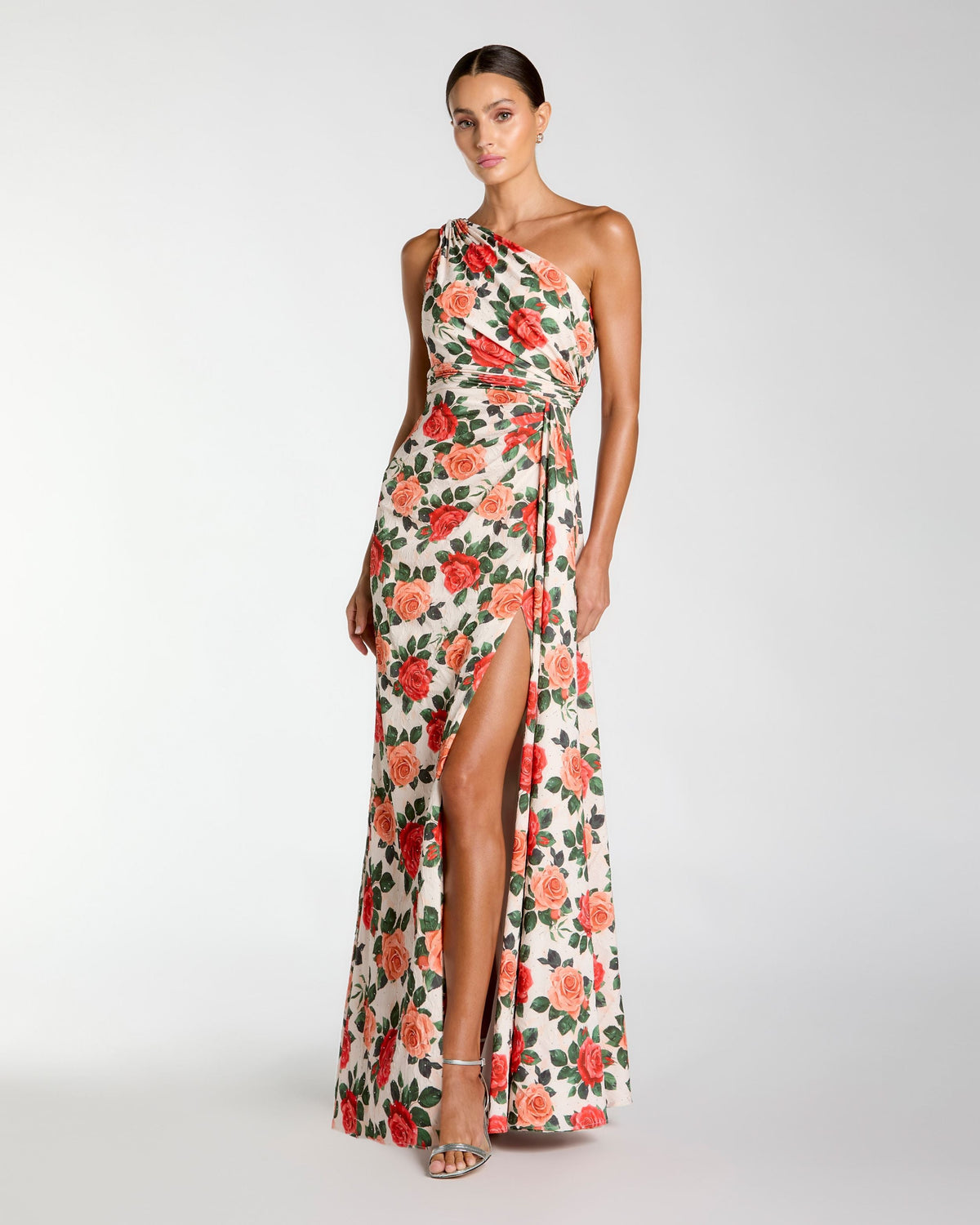 Mac Duggal Multicolor Floral One Shoulder Slit Gown