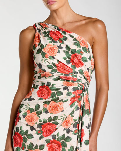 Mac Duggal Multicolor Floral One Shoulder Slit Gown