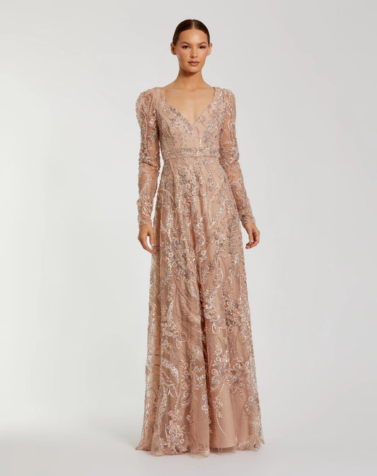 Mac Duggal Beige Embroidered Long Sleeve V Neck Gown