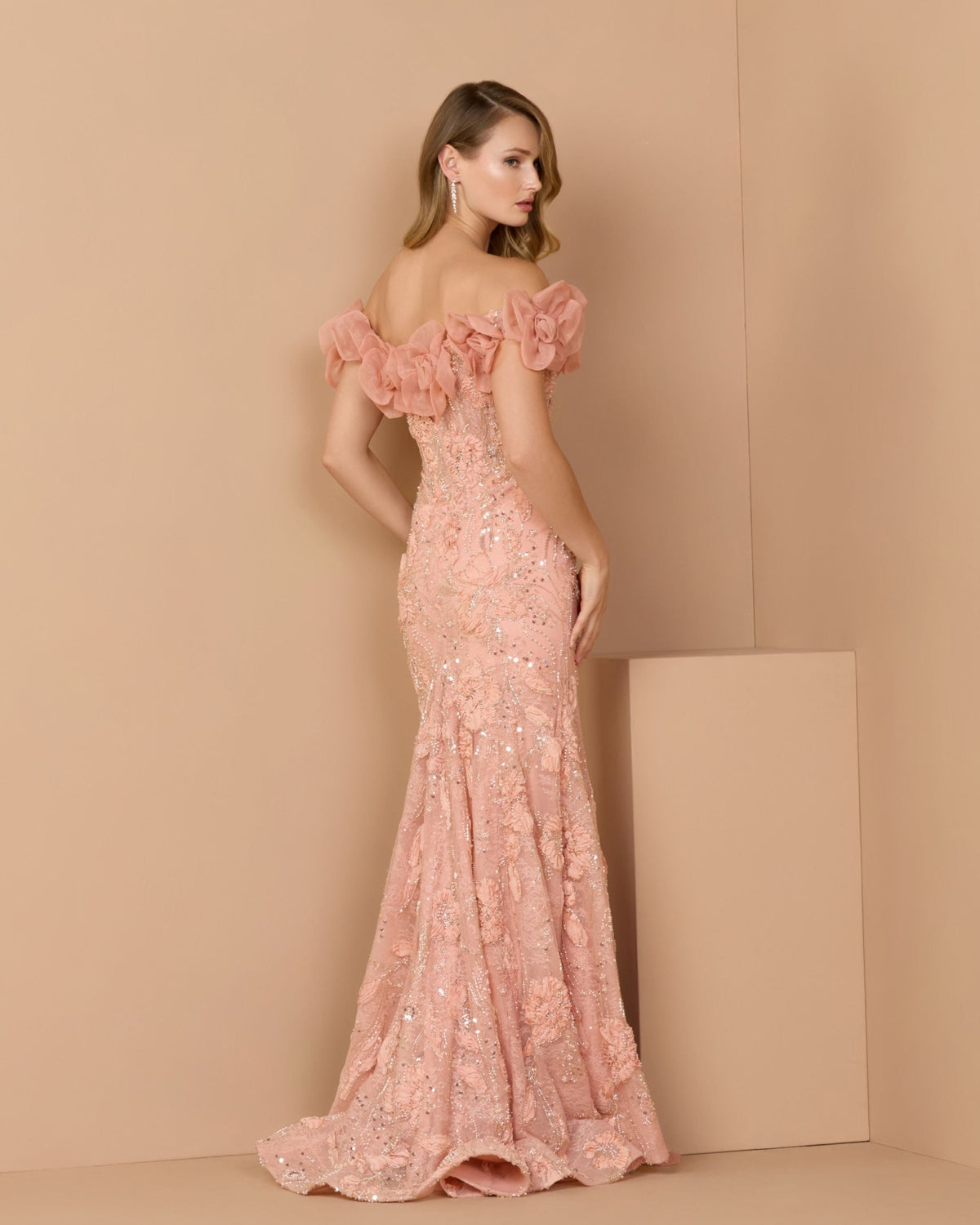 Mac Duggal Pink Off The Shoulder Embellished Mermaid Gown